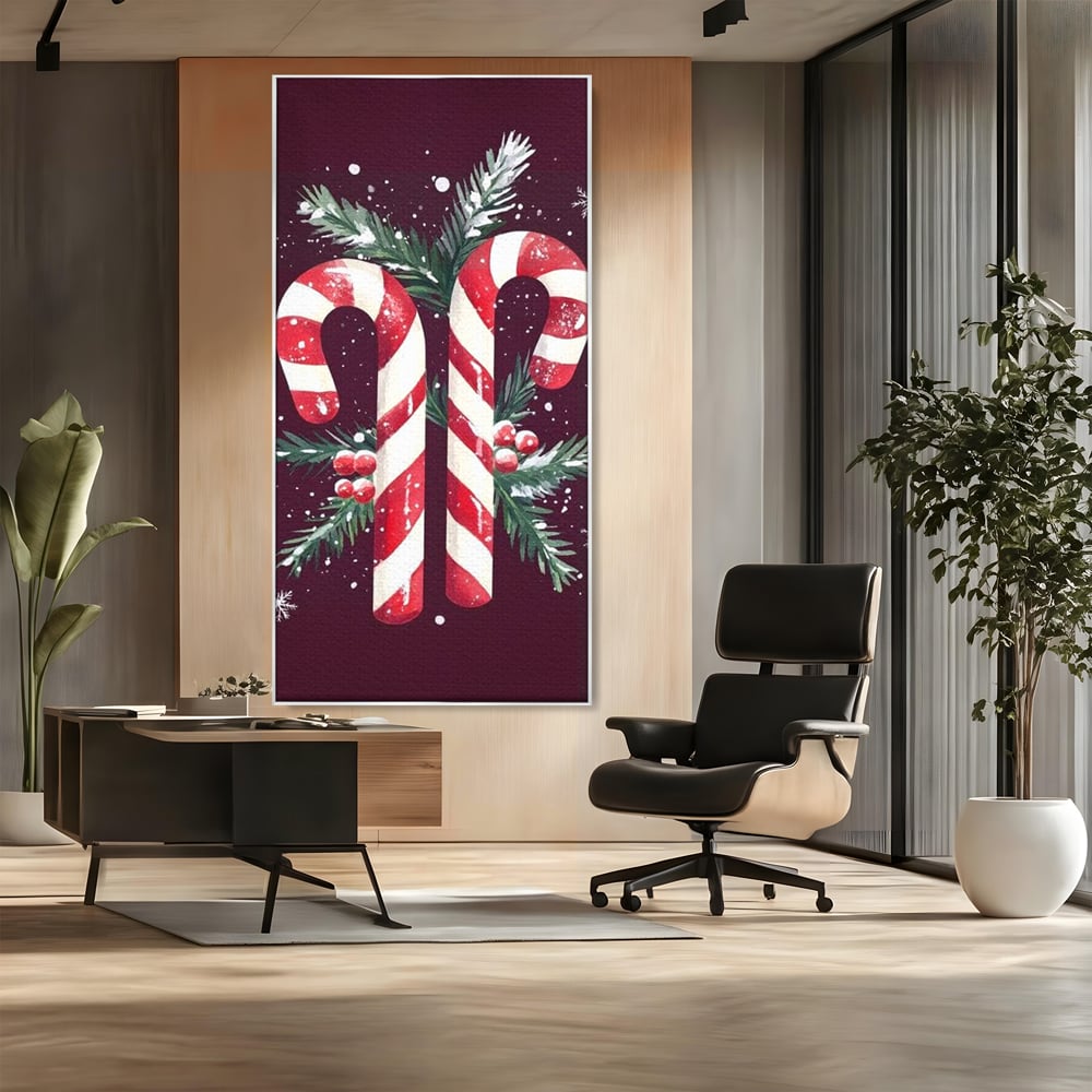 Tablou canvas cu tablou canvas cu bastonase de zahar, in rama de aluminiu argintiu, pe perete intr-un birou